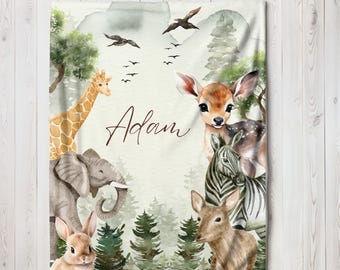 Vintage Safari Nursery Decor Personalized Baby Blanket Gift for New Baby Boy Blanket Baby Shower Gift Toddler Blanket Custom Name Gift Boy