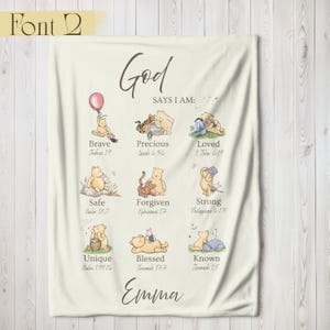 Christian Nursery Decor, Winnie The Pooh Blanket, God Says I AM Religious Affirmation, Inspirational Scripture Print, Baptism Baby Blanket 2