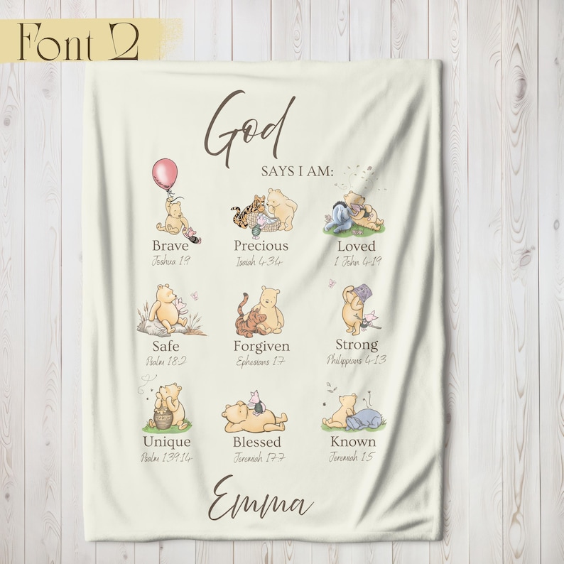 Christian Nursery Decor, Winnie The Pooh Blanket, God Says I AM Religious Affirmation, Inspirational Scripture Print, Baptism Baby Blanket 2