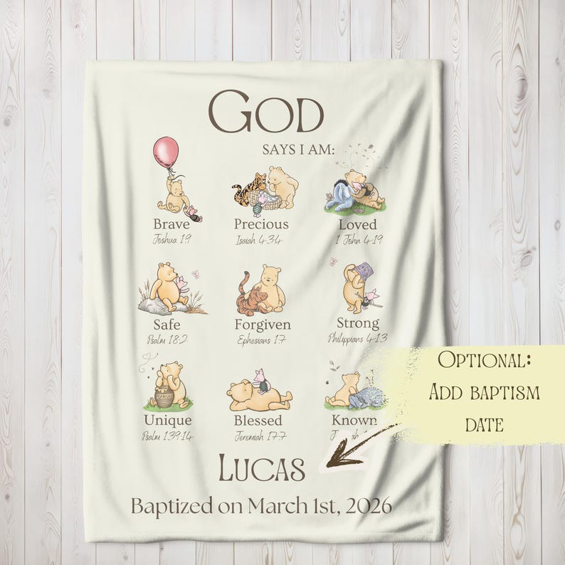 Christian Nursery Decor, Winnie The Pooh Blanket, God Says I AM Religious Affirmation, Inspirational Scripture Print, Baptism Baby Blanket image 2