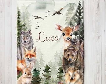 Personalized Baby Christmas Blanket Boy Woodland Forest Animal Woven Blanket Custom Baby Name Blanket Baby Shower Gift For Baby Boy Blanket