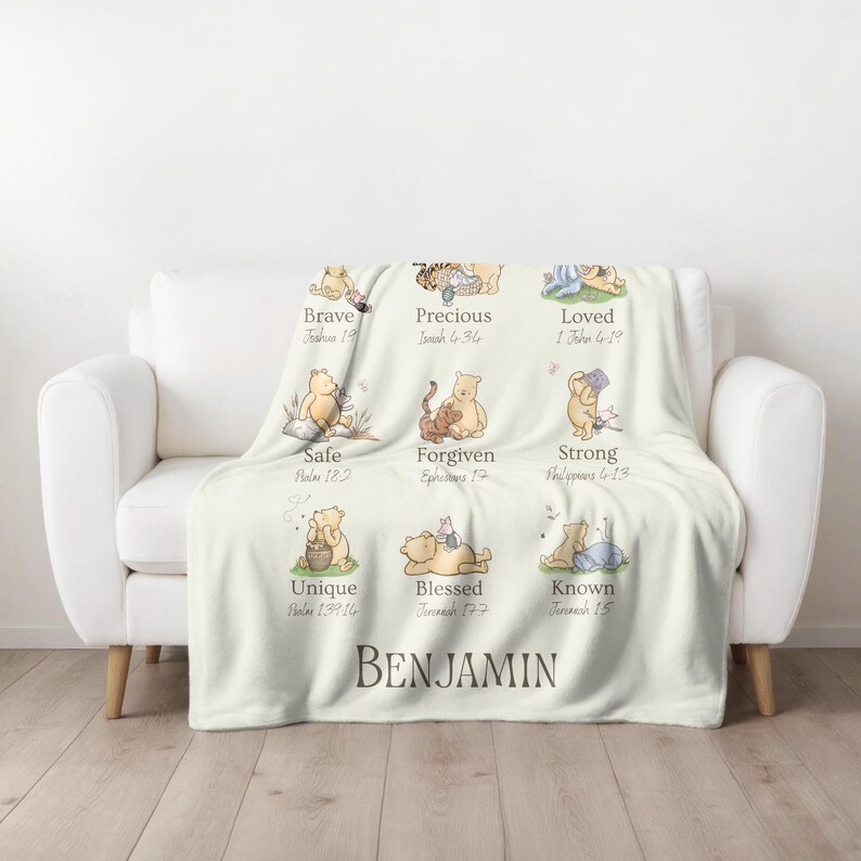 Christian Nursery Decor, Winnie The Pooh Blanket, God Says I AM Religious Affirmation, Inspirational Scripture Print, Baptism Baby Blanket image 9