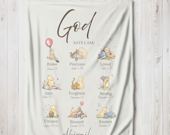 Classic Winnie The Pooh Blanket, God Says I AM Religious Affirmation, Christian Nursery Decor, Inspirational Scripture Print, Kid's Room