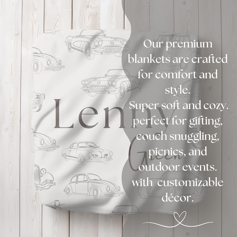May include: A white blanket featuring a pattern of vintage car illustrations in gray. The blanket has the name "Len" printed on it. Text on the blanket reads "Our premium blankets are crafted for comfort and style."