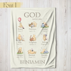 Christian Nursery Decor, Winnie The Pooh Blanket, God Says I AM Religious Affirmation, Inspirational Scripture Print, Baptism Baby Blanket 1