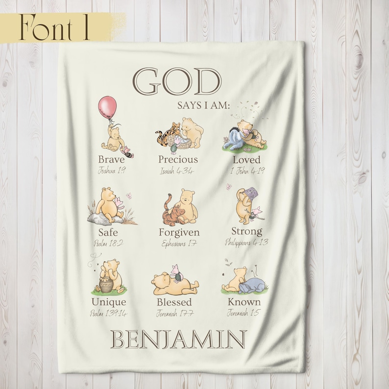Christian Nursery Decor, Winnie The Pooh Blanket, God Says I AM Religious Affirmation, Inspirational Scripture Print, Baptism Baby Blanket 1