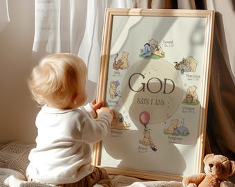 WINNIE-The-POOH Christian Nursery Wall Art Nursery Prints, God Says I AM Religious Affirmation, Inspirational Scripture Print
