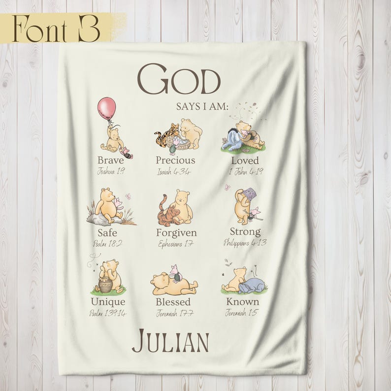 Christian Nursery Decor, Winnie The Pooh Blanket, God Says I AM Religious Affirmation, Inspirational Scripture Print, Baptism Baby Blanket 3