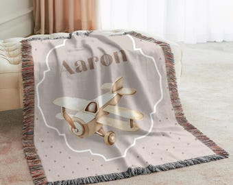 Manta de avión personalizada para bebé, manta con nombre personalizado para niño, decoración de habitación infantil con avión vintage, regalo para recién nacido, manta verde para habitación infantil.