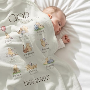 Christian Nursery Decor, Winnie The Pooh Blanket, God Says I AM Religious Affirmation, Inspirational Scripture Print, Baptism Baby Blanket image 3