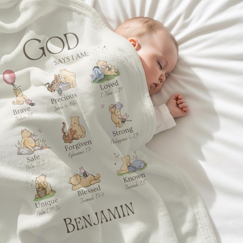 Christian Nursery Decor, Winnie The Pooh Blanket, God Says I AM Religious Affirmation, Inspirational Scripture Print, Baptism Baby Blanket image 3