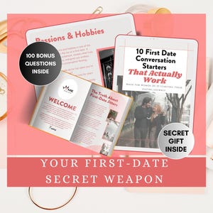 Pode incluir: Imagem promocional de um guia de encontros, com um livro e um tablet. O tablet exibe "10 First Date Conversation Starters That Actually Work". O livro está aberto em uma página intitulada "Welcome". Um gráfico diz "100 Bonus Questions Inside."