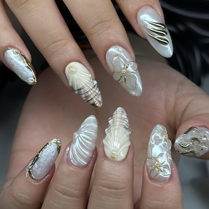 Pearl Ocean 3D Press On Nails, Summer Shell Nail Art, Starfish Jellyfish Beach Nails, Mermaid Aesthetic Fake Nails, Starfish Pearl Nails