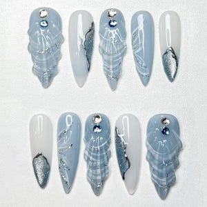 Luxury Ocean Blue Press On Nails, Silver Glitter and Blue Marble Press On Nails, Sparkling Blue Ocean Nails with Rhinestones, Blue nails