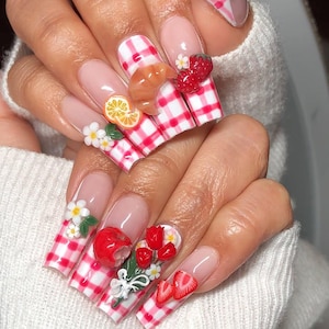 Fruit Picnic Press On Nails, Gingham Summer Nails with 3D Fruit Design, Handmade Gingham Nails, Red Checkered Press On Nails with Fruit