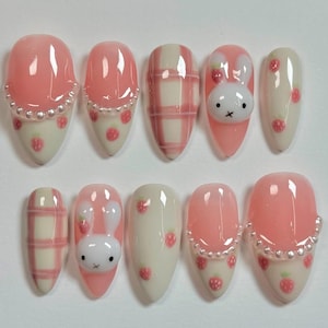 Cute Bunny Press On Nails, Pink Strawberry Pearl Nails, Kawaii 3D Fake Nails, Adorable Miffy Bunny Press On Nails, Cute Nails, Miffy Nails