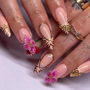Zebra Print Press On Nails with Cherries and 3D Flowers, Cherry Tiger Stripe Nails, Handmade 3D Floral Press On Nail Art, French tiip nails
