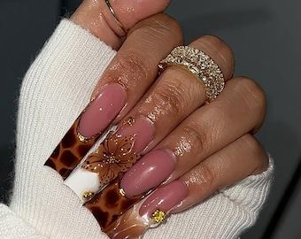 Luxury Brown Marble Press On Nails, Elegant Fake Nails for Fall, Autumn Nails, White Accents and Gold 3D Floral Nials, Brown Nails