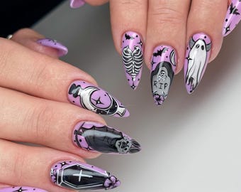 Halloween Press On Nails Pink Spooky Ghost Skeleton Nail Art, Long Stiletto Fake Nails, ink Gothic Fake Nails, Handmade Creepy Cute Nail Art