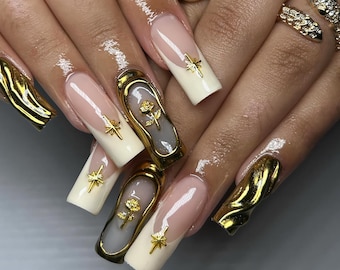 Luxury Gold Chrome Press On Nails, 3D Rose Charm Nails, Elegant French Tip Nails with Chrome Gold, 3D Flower and Star Nail Art, Chrome nails