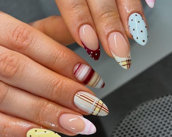 Pastel Stripe Press On Nails, Cute Almond Nails with Soft Pink French Tip, Handmade Daily Wear Nails, Soft Pink Yellow Nail Art