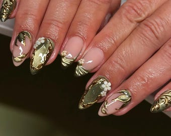 Luxury Olive Green Press On Nails, Metallic Gold Sculpted Gel Nails with 3D Flowers, Elegant Almond Nails, Glam Handmade Nail Art