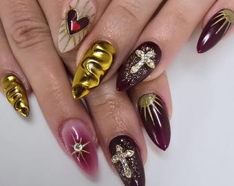 Cross Charm Press On Nails, Burgundy Red & Gold Chrome 3D Nail Art with Heart, Reusable Handmade Nails, Burgundy Red Ombre Fake Nails