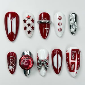 BTS OT7 Concert Press On Nails, Red and White ARMY Fandom Fake Nails, All Member Names Custom Nail Art, 3D Silver Chrome Kpop Merch