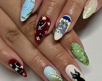 Totoro Press On Nails, Hand Painted Ghibli Nail Art, Nature Inspired Nails with Flowers and Whimsical Characters, Kawaii Nails, Anime Nails
