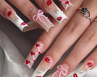 Red Kiss Press On Nails with 3D Pink Bow, White Heart Corset Nail Art, Cute Valentine Nails, Pink Ribbon Bow Nails, French Nails Tip Nails