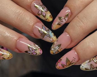 Stained Glass Floral Press On Nails, Pastel Almond Nails with Gold Foil Flower Nail Art, Romantic Handmade Nails