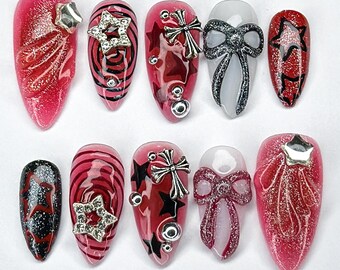 Y2K Red Star Press On Nails, Cute Pink 3D Bow Nails, Red Glitter Star Nails with 3D Bows, Sparkly Pink Chrome Nails press on, Y2k nails