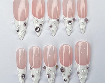 Luxury White French Tip Press On Nails with Pearls and Rhinestones, Elegant Wedding Nail Set, Wedding nails, Classic nails, Bridal Nails