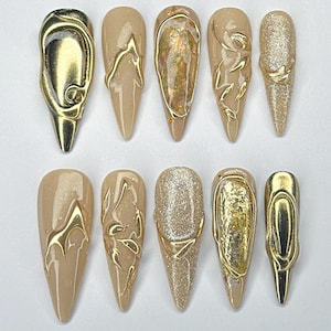 Milky White Gold Flower Nails, Luxury Press On Nails, Hand Made Elegant Gold Press Ons, Acrylic Nails, Wedding Nails, Bridal Press On Nails