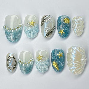 Mermaid Ocean Press On Nails Almond, Blue Ocean-Inspired Designs with Glittery Oceanic, 3D Starfish nails, Custom Handmade Press On Nails