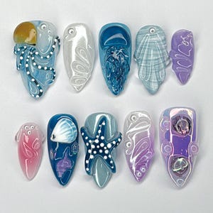 3D Ocean Press On Nails, Blue Beach Theme with Seashell and Starfish, Iridescent Blue Octopus Nails, Fantasy Mermaid Nails, Ocean Nails