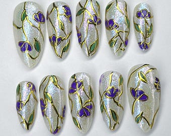 Purple Floral Shimmer Press On Nails, Elegant Stained Glass Nails, Iridescent Purple Flowers Press Ons,  Purple Floral Handmade Nail Art