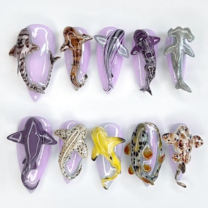 3D Shark Press On Nails, Realistic Ocean Animal Nail Art, Handmade Ocean-Inspired Nail Art, 3D Shark Nails, Marine Life Purple Fake Nails