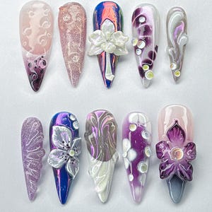 Purple & Pink Orchid Nails, Glossy Purple Chrome Press On Nails , Iridescent Holographic Nail Art, Purple 3D Flower on Fake Nails