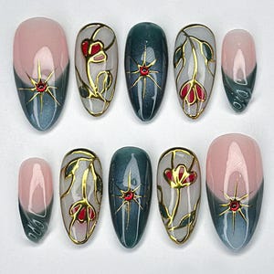 Luxury Stained Glass Press On Nails, Elegant Gold & Rose Nail Art, Stained Glass Fake Nails, stained glass press ons, Rose Floral Nails