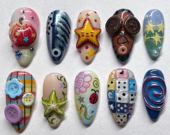 Handmade 3D Charm Press On Nails, Quirky Art Statement Nails