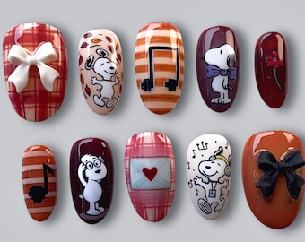 Snoopy Fall Press On Nails, Handmade Cartoon Nail Art with Cute Bows and Music Notes, Red Plaid nails, Brown Autumn Nail Set, Fake Nails
