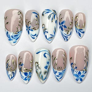 Chinoiserie Blue Porcelain Inspired Nails, Ceramic Blue and White Floral Press on nails, Gold Foil French tips Nails, Ceramic Press On Nails