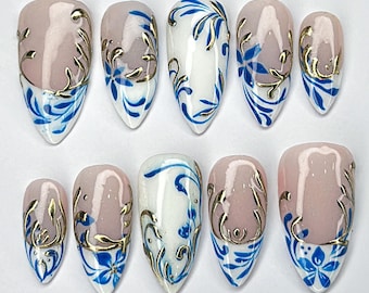 Chinoiserie Blue Porcelain Inspired Nails, Ceramic Blue and White Floral Press on nails, Gold Foil French tips Nails, Ceramic Press On Nails