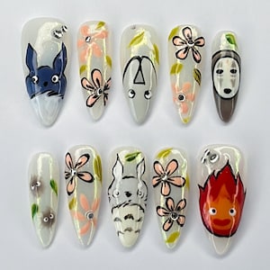 Studio Ghibli Inspired Press On Nails, Spirited Away No Face Fake nails, Cute Anime False Nails, Custom Cosplay Nails, Totoro Nails