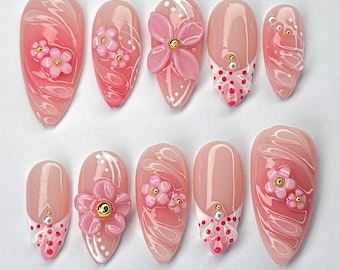 Uñas postizas rosas con estampado floral, uñas almendradas con flores 3D de verano, set de uñas lindas hechas a mano para vacaciones y uso diario, uñas postizas rosas, uñas rosas