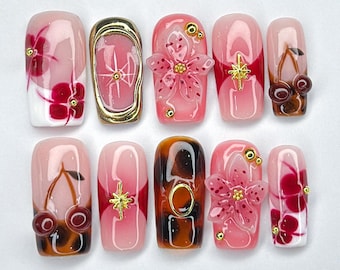 Cherry Blossom Press On Nails, Handmade Floral & Tortoiseshell Nails, Luxury Japanese-Inspired Nail Set, Cherry Blossom Spring Nails
