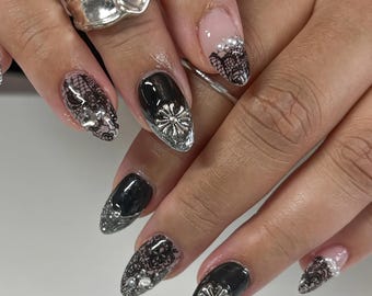 Gothic Black Lace Press On Nails, Black Lace and Silver Nails, Gothic Black Nails with Silver Charms and 3D Pearl Embellishments