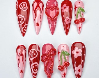 Cherry Blossom Inspired Press On Nails, Handmade Valentine Nail Art, Luxury Red and Pink Valentine Nails with Cherry, Fake Nails