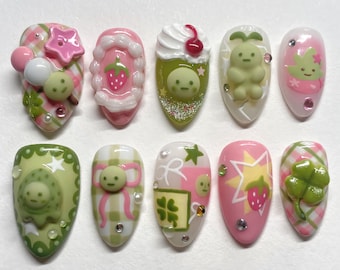 Cute Smiski Press On Nails, Pastel Strawberry Nails with 3D Charms, Green Pink Kawaii Nails, Cartoon Pastel Nails, Strawberry Dessert Nails